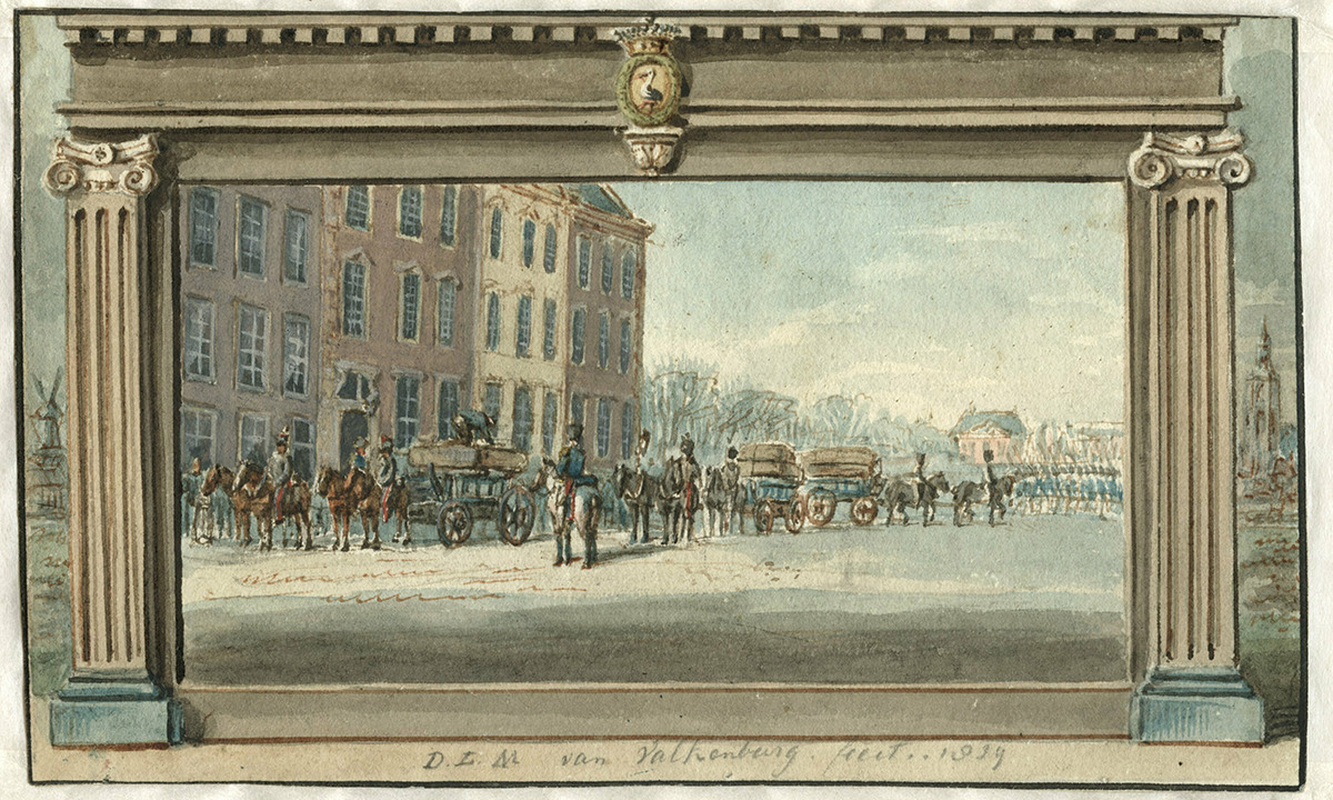 Een schilderij van D.L.M. van Valkenburg, genaamd De Terugkeer Van De Schilderijen Van De Stadhouder.