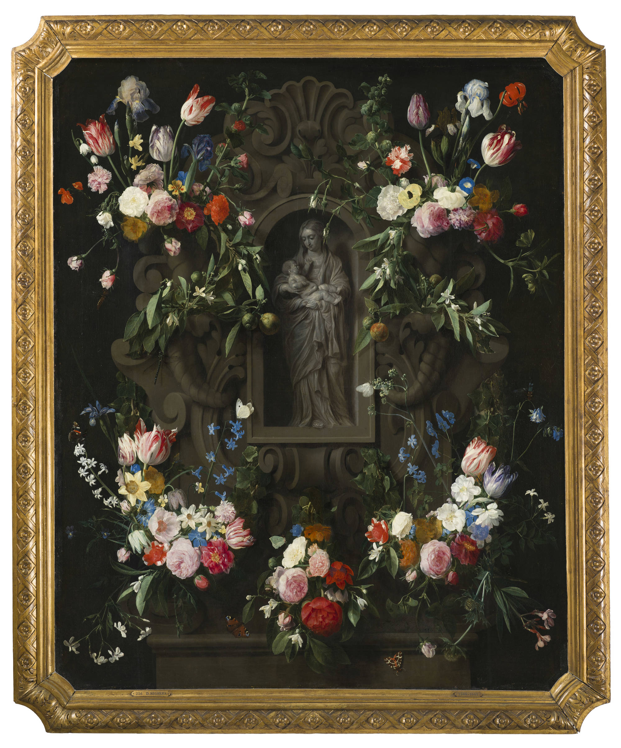 Daniël Seghers & Thomas Willeboirts Bosschaert  Bloemencartouche met Mariabeeld