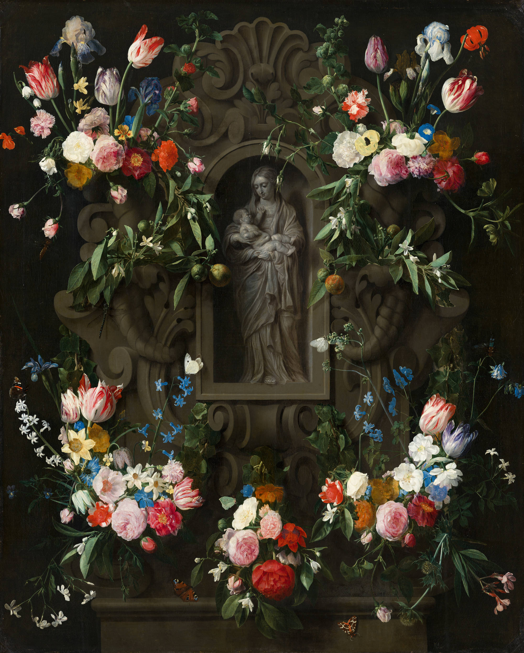 Daniël Seghers & Thomas Willeboirts Bosschaert  Bloemencartouche met Mariabeeld