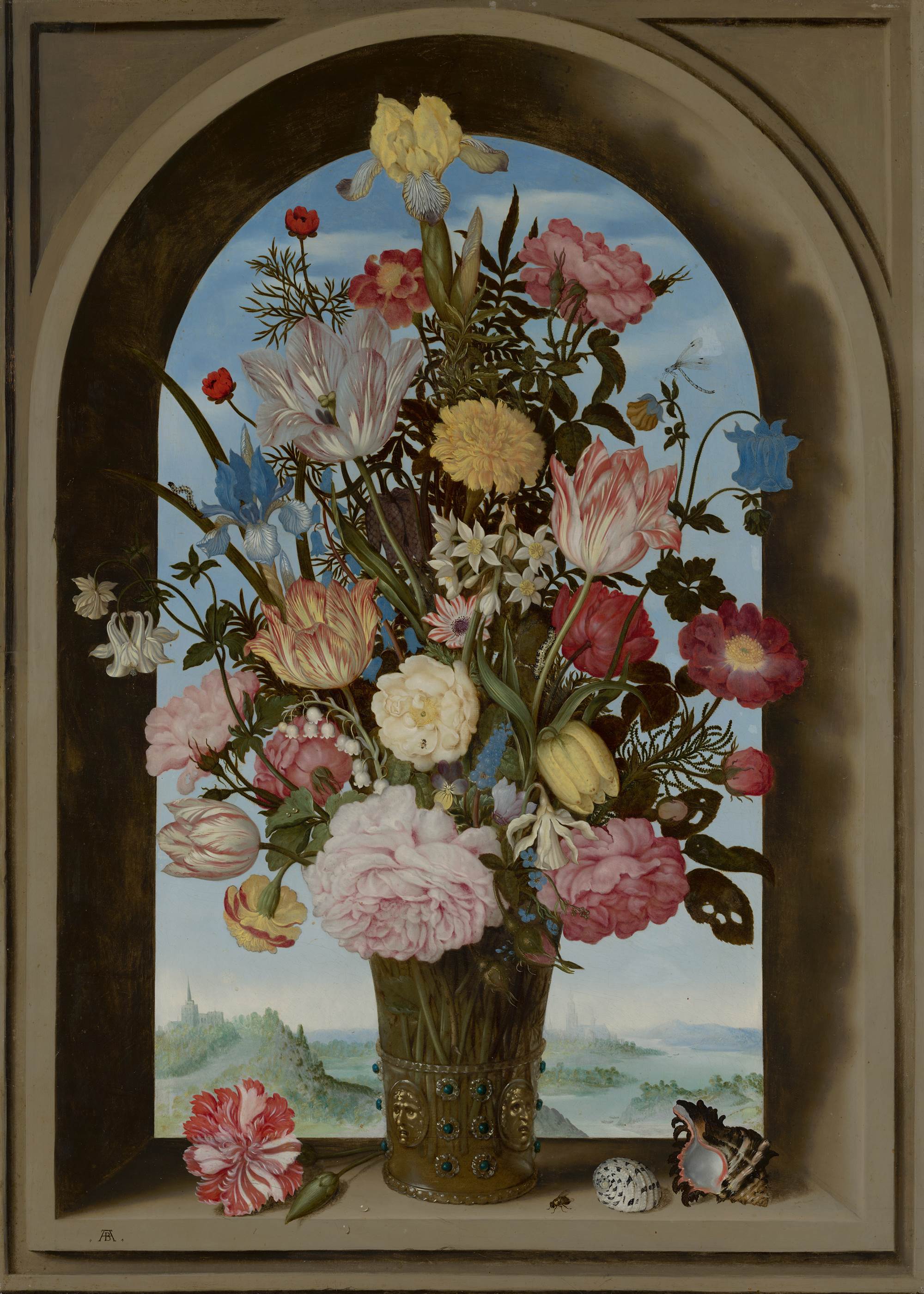 | Mauritshuis am mit Vase Blumen Fenster