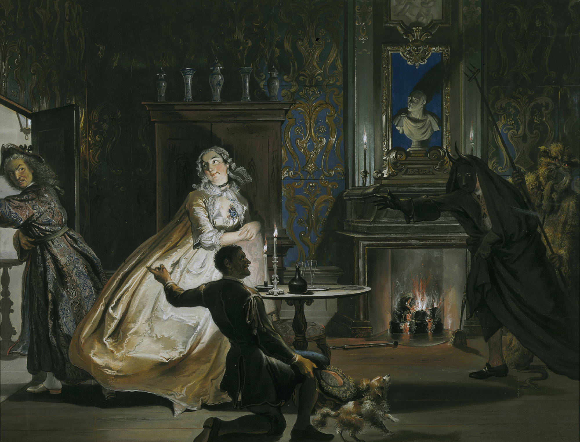 Cornelis Troost Hopman Ulrich of de bedrogen gierigheid: Godefroy en zijn knecht verjagen in vermomming hopman Ulrich